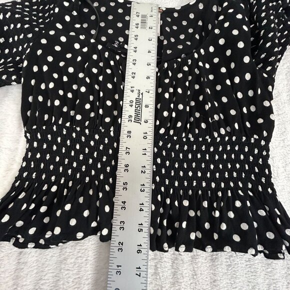 Free People Womens Polka Dot Smocked Peplum Crop Top Medium Black Bell Sleeves - Picture 7 of 7
